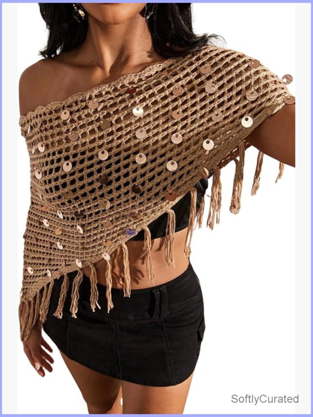 Boho Off Shoulder Sequined Poncho Sweater Tassel Hem Lightweight Pullover